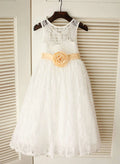 A-Line/Princess Scoop Neck Tea-Length Lace Flower Girl Dress With Flower Sash