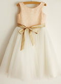 A-Line/Princess Scoop Neck Knee-Length Tulle Sequined Flower Girl Dress With Sash