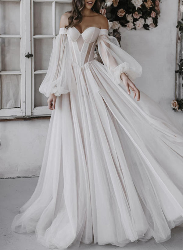 A-Line Sweetheart Sweep Train Tulle Wedding Dress
