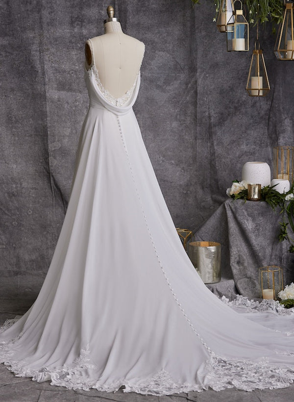 A-Line Cowl Neck Sleeveless Chiffon Court Train Wedding Dress With Appliques Lace