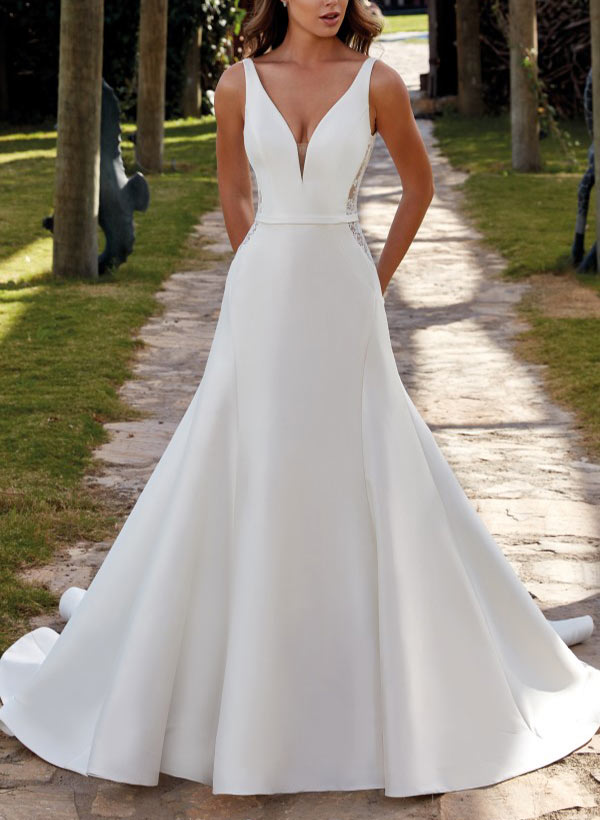 A-Line V-Neck Sweep Train Satin Wedding Dress With Lace