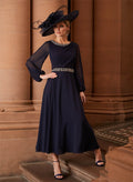 A-Line Scoop Neck Long Sleeves High Waist Chiffon Tea-Length Mother Of The Bride Dresses With Beading