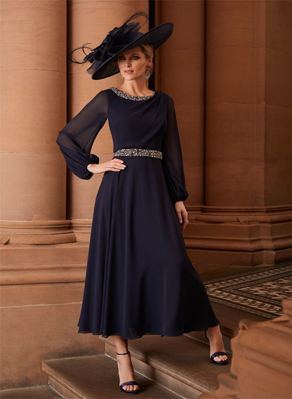 A-Line Scoop Neck Long Sleeves High Waist Chiffon Tea-Length Mother Of The Bride Dresses With Beading