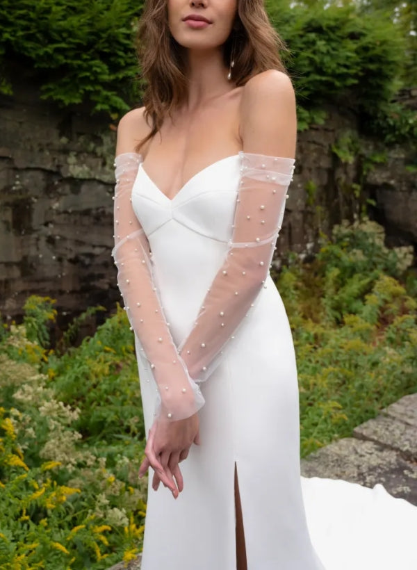 Trumpet/Mermaid Off-the-Shoulder Long Sleeves Pearl Elastic Satin Sweep Train Wedding Dress