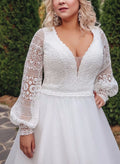 A-Line V-Neck Sweep Train Lace Plus Size Wedding Dress