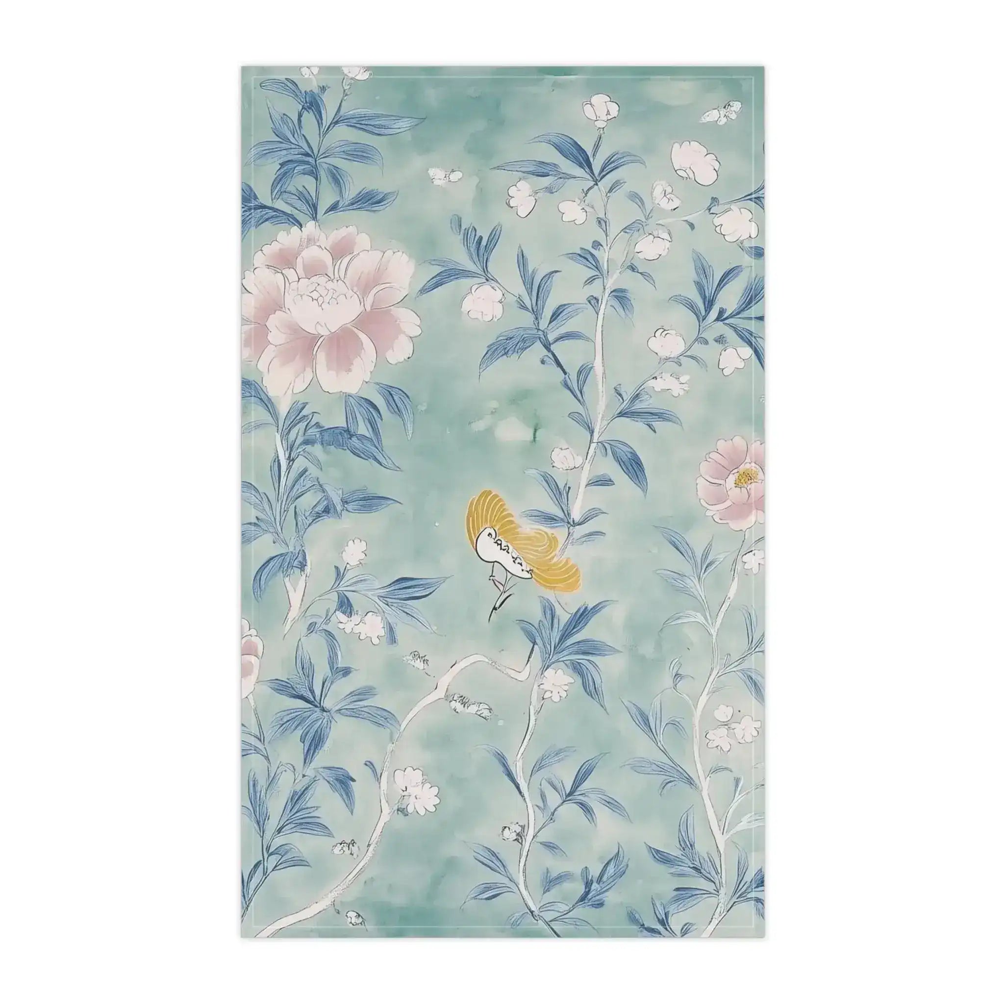 Floral Bird Kitchen Towel with Soft Blue and Pink Design