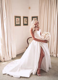 Ball-Gown/Princess Strapless Sleeveless Satin Sweep Train Wedding Dresses With Split Front