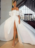 Ball-Gown/Princess Strapless Short Sleeves Satin Court Train Wedding Dresses With Split Front