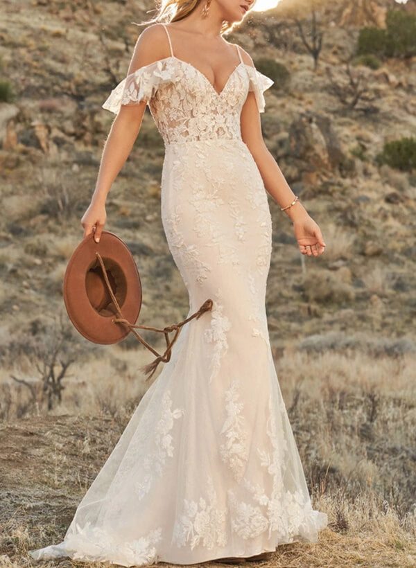 Off-the-Shoulder Lace Trumpet/Mermaid Wedding Dresses With Open Back Sweep Train