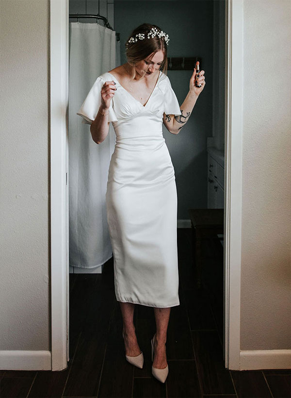 Simple Sheath/Column V-Neck Short sleeves Satin Wedding Dresses