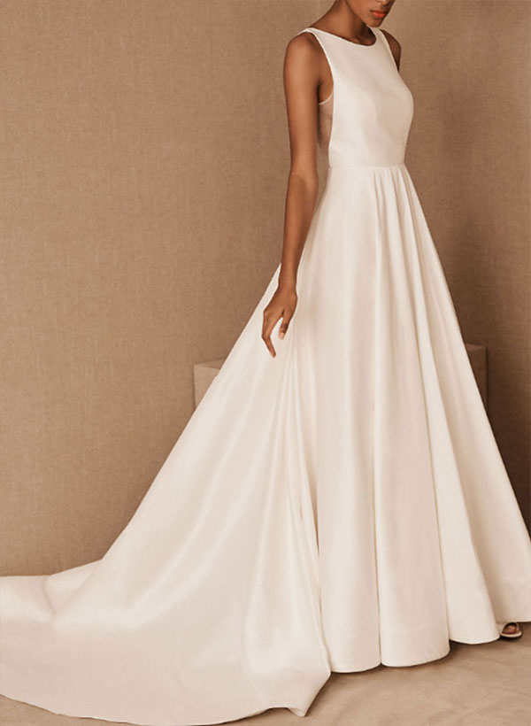 Simple Ball-Gown/Princess Satin Chapel Train Wedding Dresses With Scoop Neck