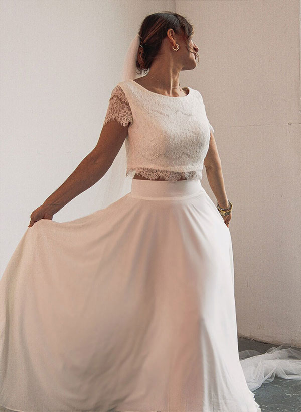 Ivory Two-piece Wedding Dresses With A-Line Scoop Neck Buttons Bridal Dress