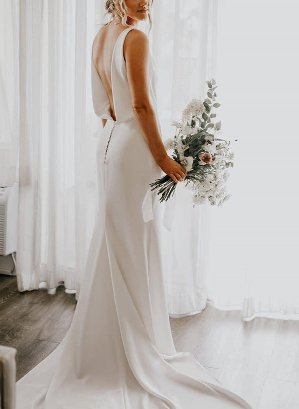 Open Back Boho Silk like Satin Wedding Dresses