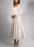 A-Line Square Neckline Long Sleeves Tea-Length Stretch Satin Wedding Dresses