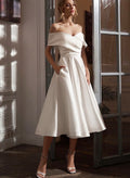 A-Line Off-The-Shoulder Sleeveless Satin Tea-Length Wedding Dress