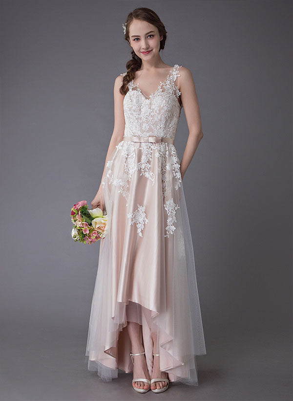 Lace Wedding Dresses High Low Bow Sash Tulle Applique Summer Beach Bridal Gowns