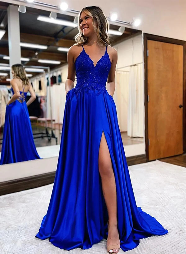A Line Appliques Lace Prom Dress With Split Front