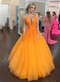 Ball-Gown V-Neck Long Prom Dress With Appliques Lace