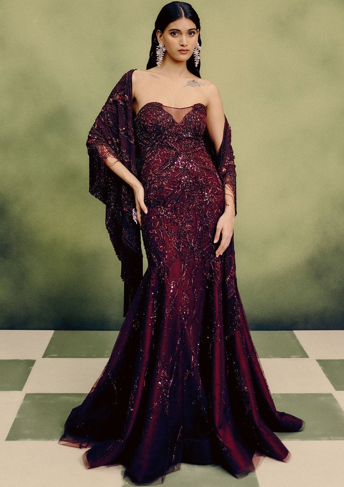 Sangria Gown With Cape Drape By KYNAH, Luxury Indian Fashion & Bridal Wear