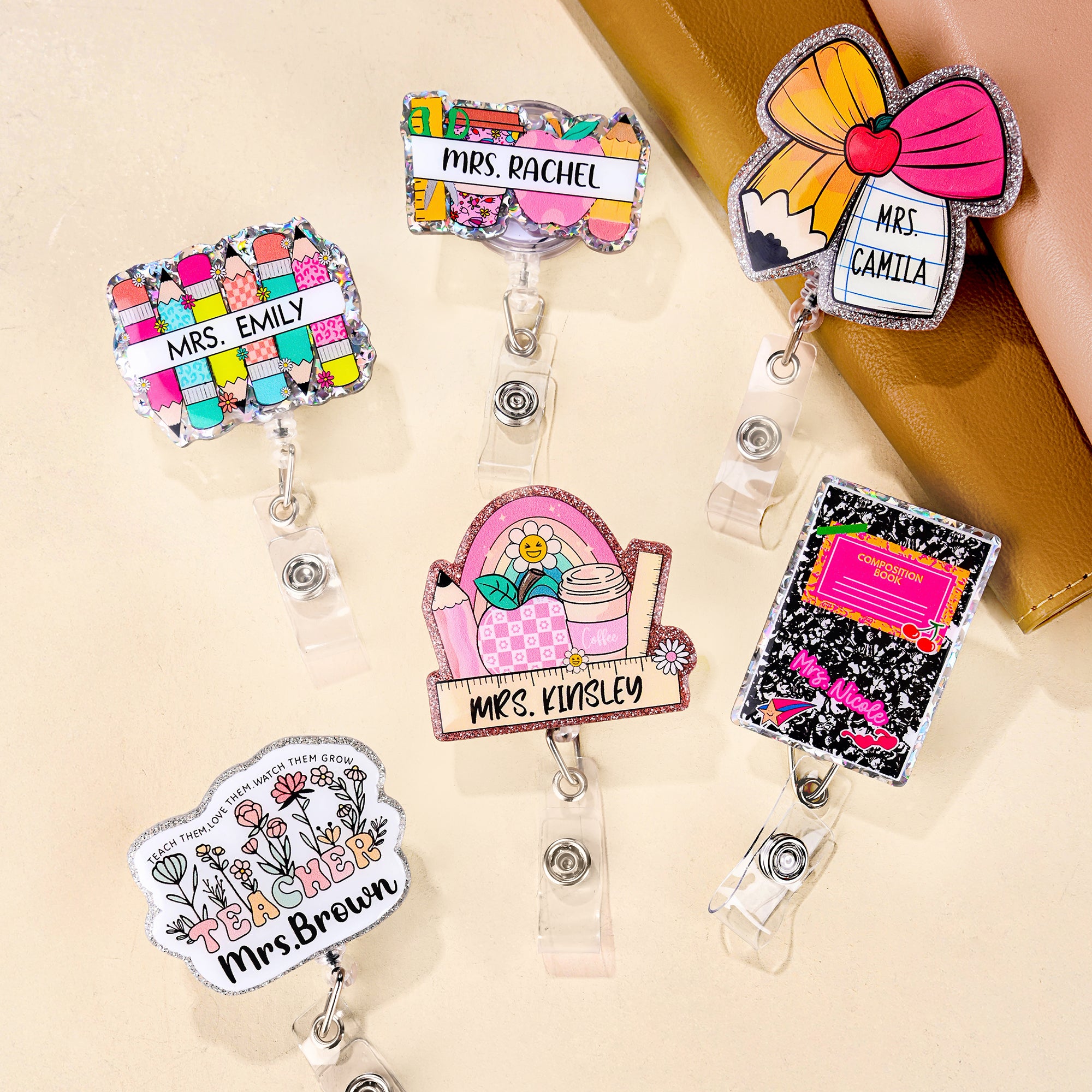 Insignia retráctil con título, apellido y clip personalizada con purpurina para profesores Regalo de agradecimiento para profesores y educadores en el Día de la Vuelta al Cole