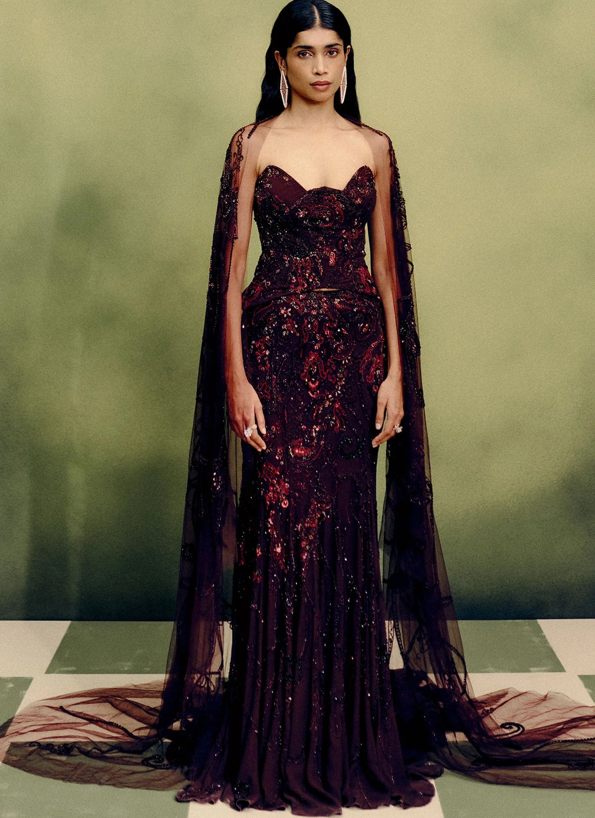 Gilded Carmine Corset & Skirt Set With Cape Drape By KYNAH, Luxury Indian Fashion & Bridal Wear