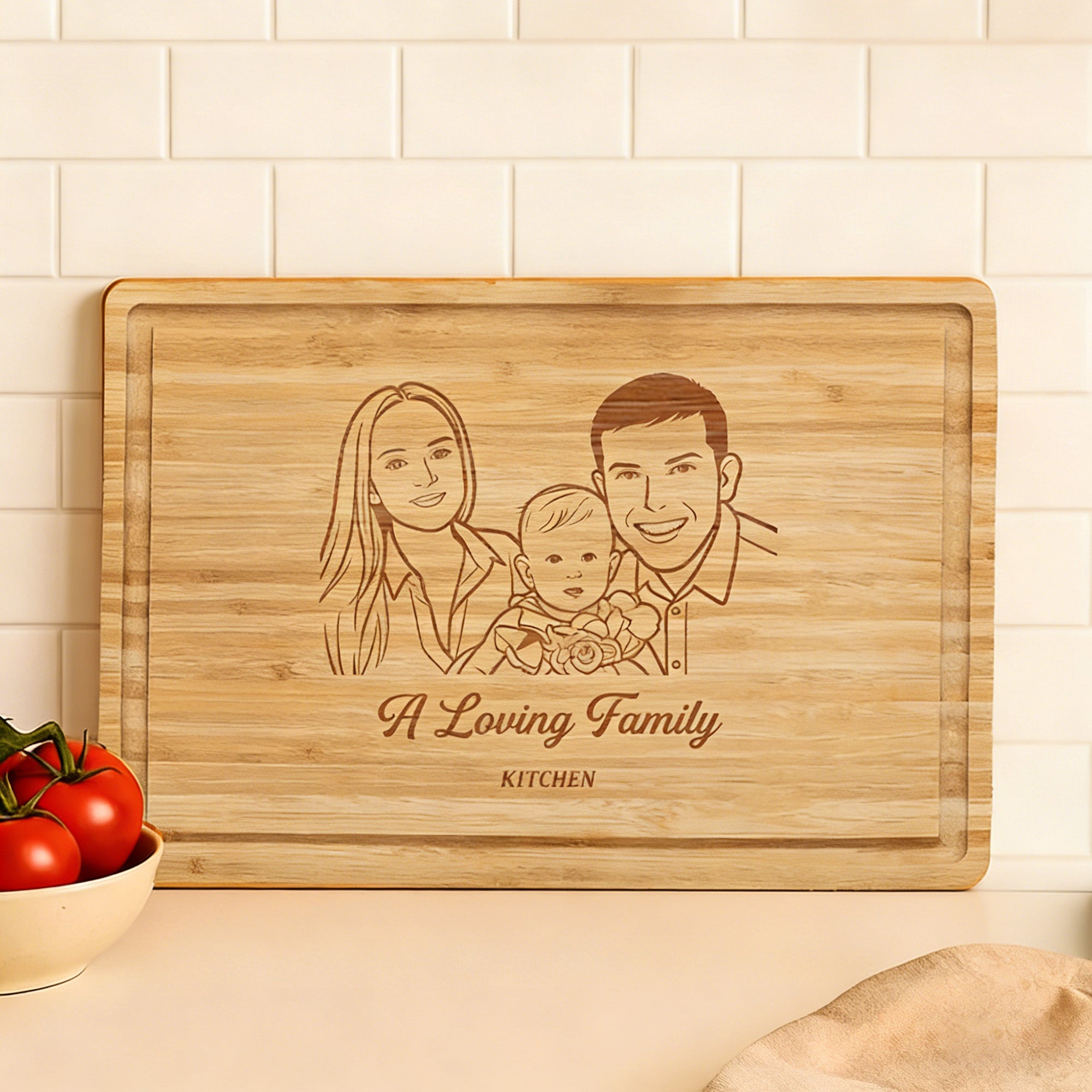 Tabla para cortar embutidos de bambú FSC personalizada y grabada con texto y ranura para zumo Decoración de cocina Regalo de inauguración para un amigo de la familia
