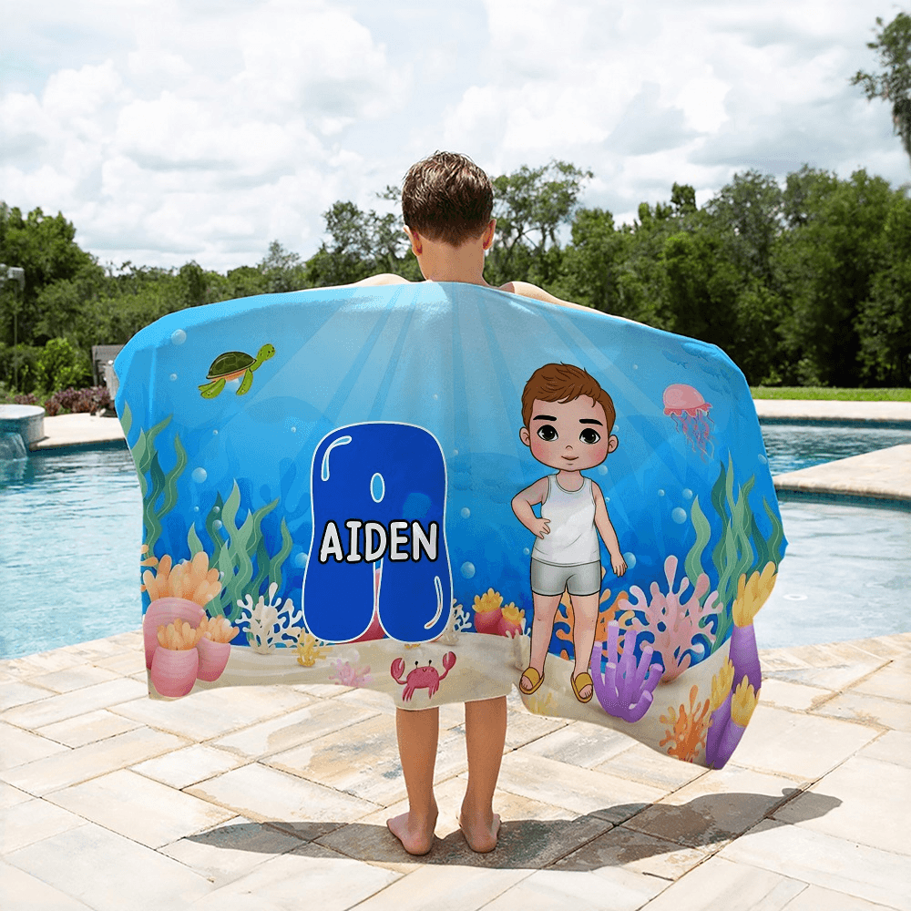 Toalla de playa personalizada de microfibra de secado rápido con el nombre del personaje de dibujos animados de colores Fiesta en la piscina Regalo de cumpleaños para niños Niñas