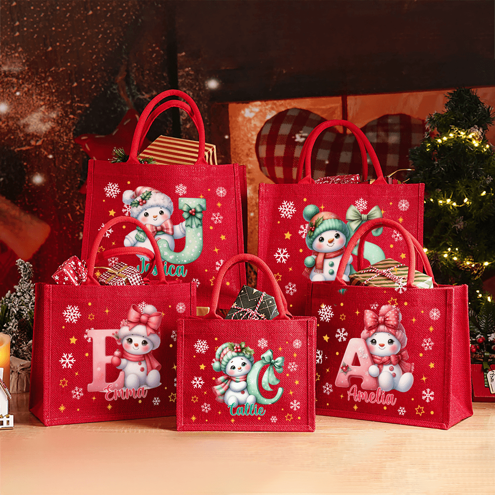 Personalizado lindo muñeco de nieve de dibujos animados Bolsa de yute grande con el nombre y la inicial Fiesta de Regalos de Navidad para Niños Familia Amigos