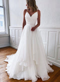 Princess A-Line V Neck Sleeveless Organza Sweep Train Wedding Dress With Ruffles