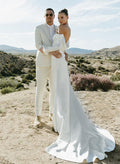 Long Sleeves Silk like Satin Sweep Train Wedding Dress