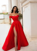 A-Line Off-The-Shoulder Sleeveless Satin Floor-Length Prom Dress With Split Front