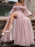 Princess Off-The-Shoulder Long Sleeves Tulle Prom Dress With Pleated Split