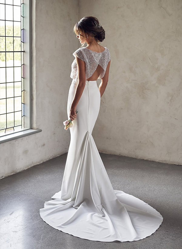 2Pcs Mermaid Scoop Neck Short sleeves Wedding Dress
