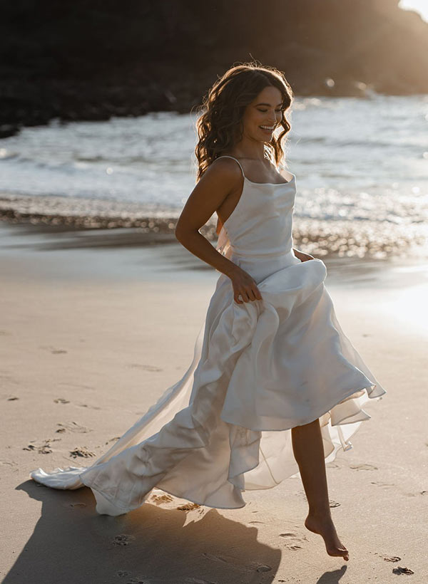 Modern A Line Tied Back Silk Like Satin Wedding Dress