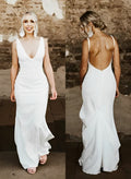 Open Back Mermaid Elastic Satin V-Neck Wedding Dress