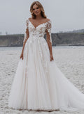 A-Line Tulle V-Neck Open Back Wedding Dress With Appliques Lace