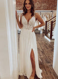 Boho Lace Slit Wedding Dresses With A-Line Chiffon