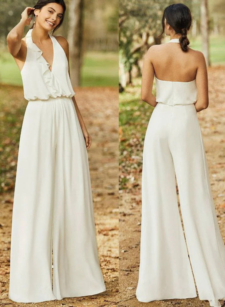Modern Jumpsuit/Pantsuit Open Back Wedding Dresses With Cascading Ruffles