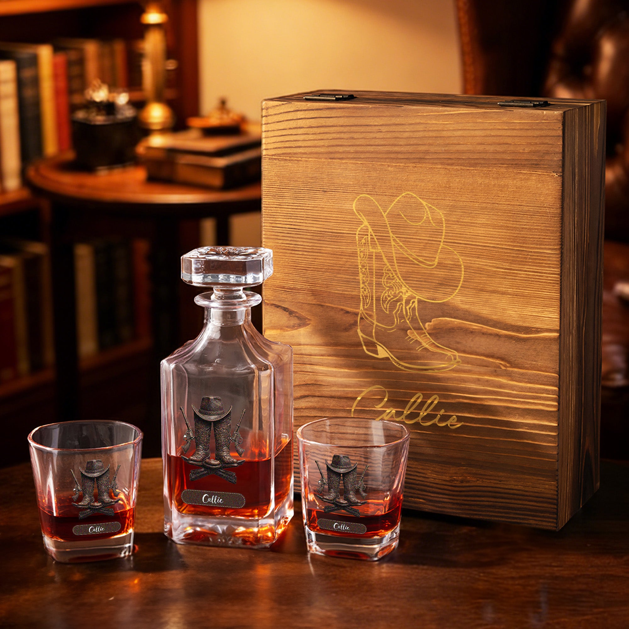 Botas de Vaquero Retro Personalizadas Decantador de Whisky 2 Copas Caja de Almacenaje Set con Nombre Aniversario Cumpleaños Regalo para Hombres Barman Amantes del Whisky