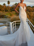 Trumpet/Mermaid V-Neck Sleeveless Chapel Train Lace/Tulle Wedding Dresses With Appliques Lace