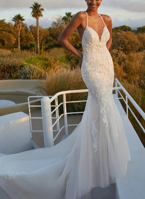 Trumpet/Mermaid V-Neck Sleeveless Chapel Train Lace/Tulle Wedding Dresses With Appliques Lace
