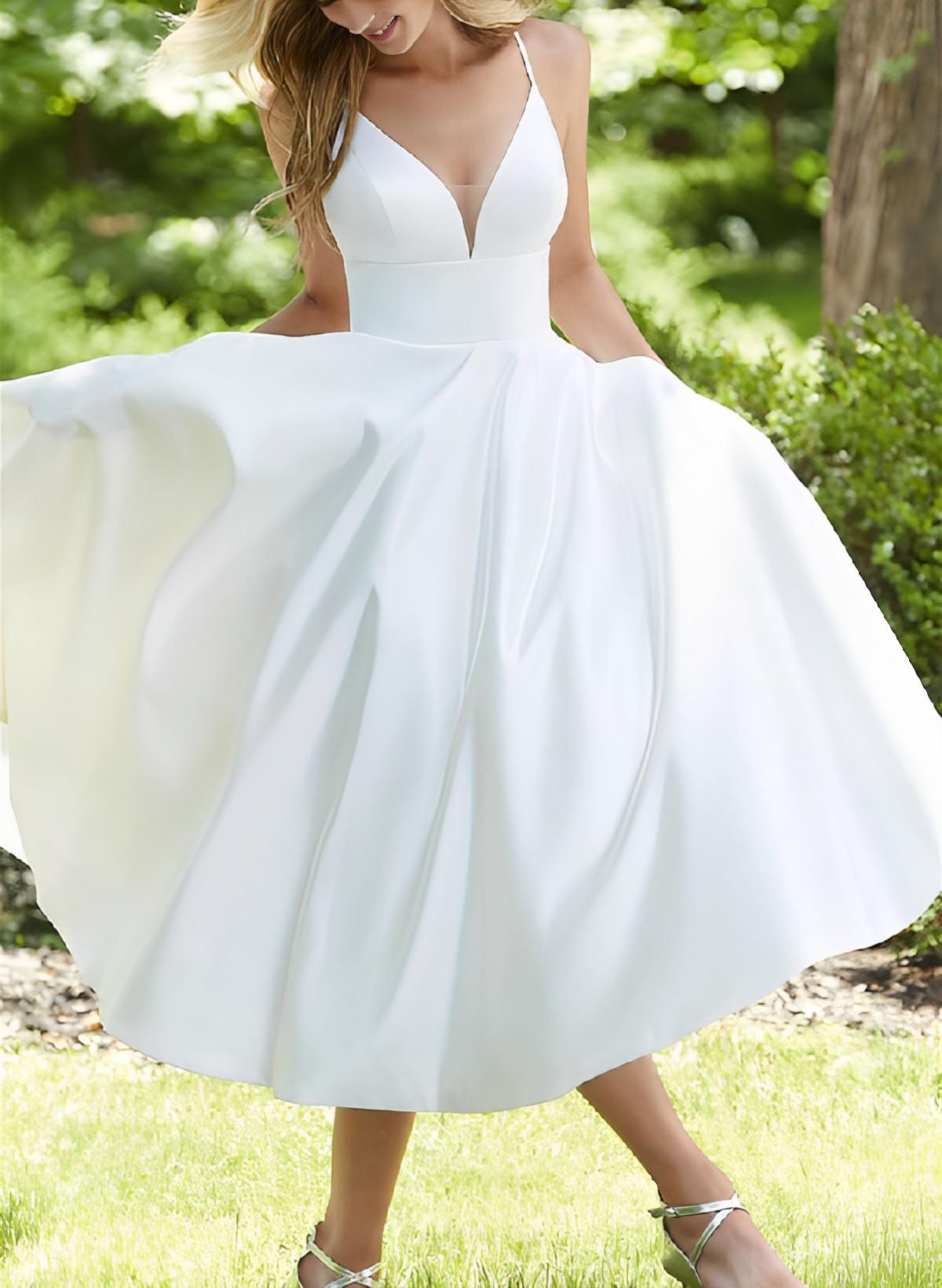 Short Simple Wedding Dresses With Tea-Length Open Back