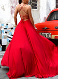 A-Line Square Neckline Sleeveless Chiffon Sweep Train Prom Dress With Lace