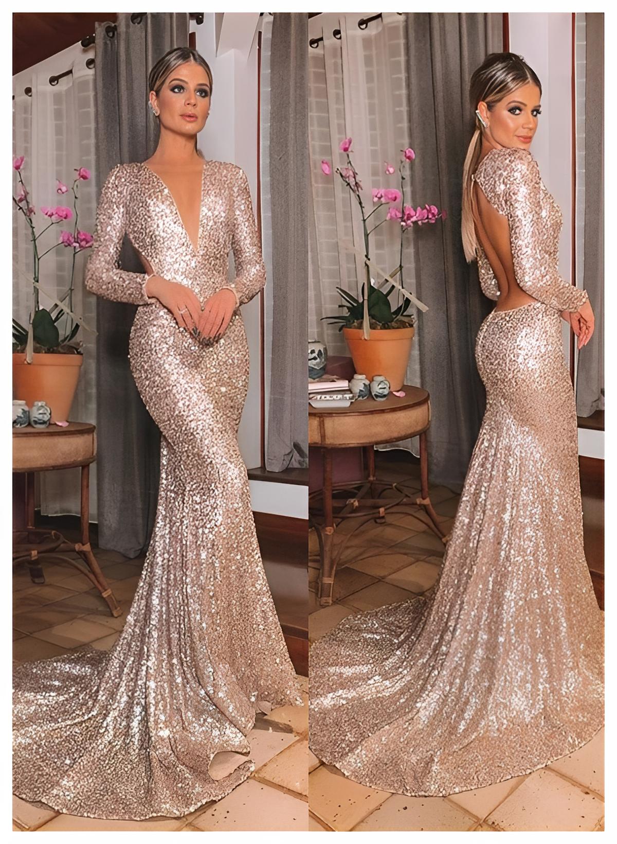 Trumpet/Mermaid V-Neck Long Sleeves Sequined Evening Dresses With Back Hole