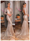 Trumpet/Mermaid V-Neck Long Sleeves Sequined Sweep Train Prom Dress With Sequins Back Hole