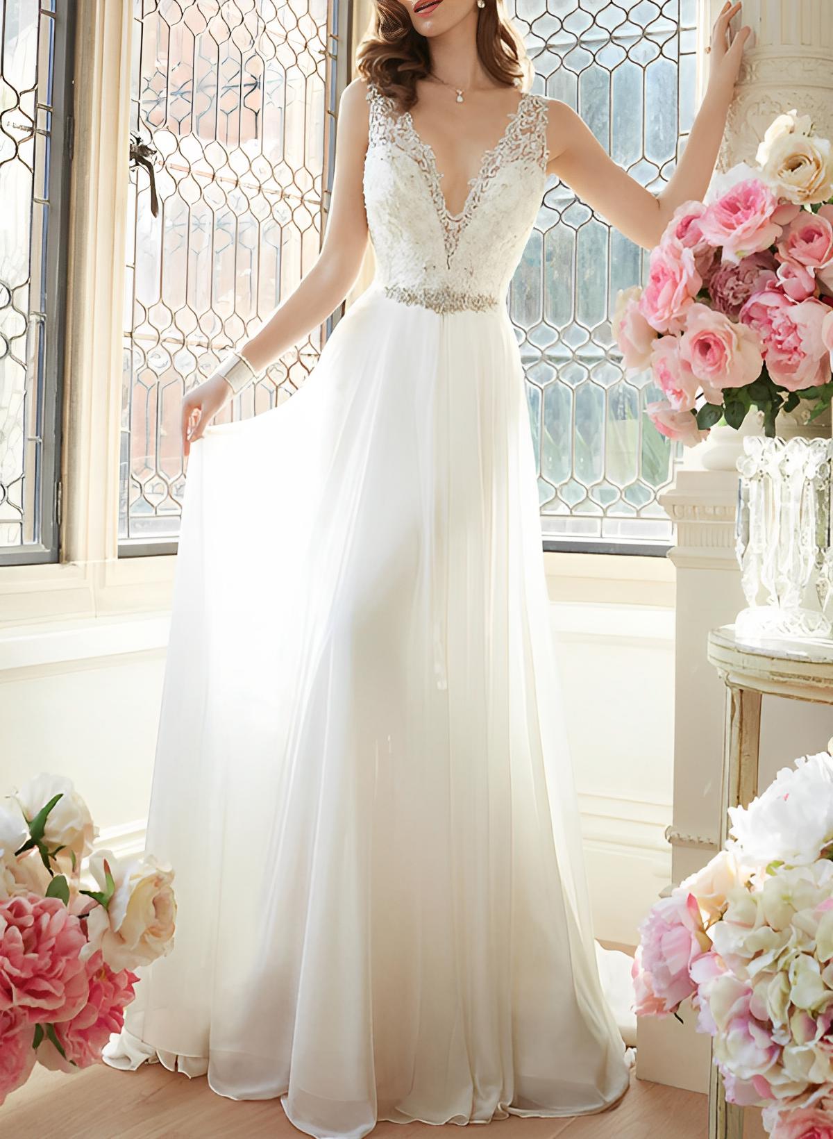 A-Line V-Neck Sleeveless Lace Court Train Wedding Dress With Lace