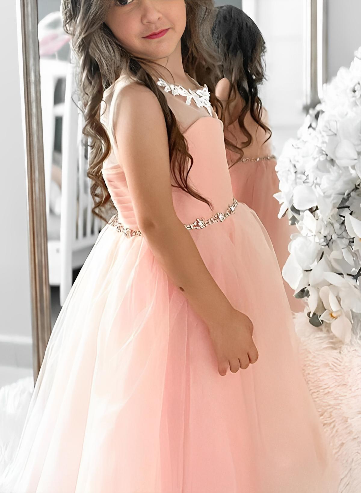 A-line Scoop Neck Sleeveless Tulle Tea-length Flower Girl Dress With Pleated