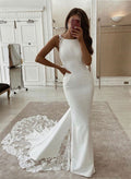 Trumpet/Mermaid Scoop Neck Sleeveless Elastic Satin Wedding Dresses With Appliques Lace