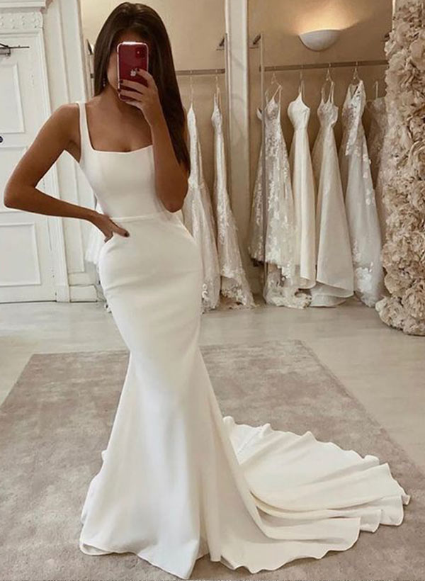 Mermaid Square Neckline Sleeveless Elastic Satin Wedding Dresses
