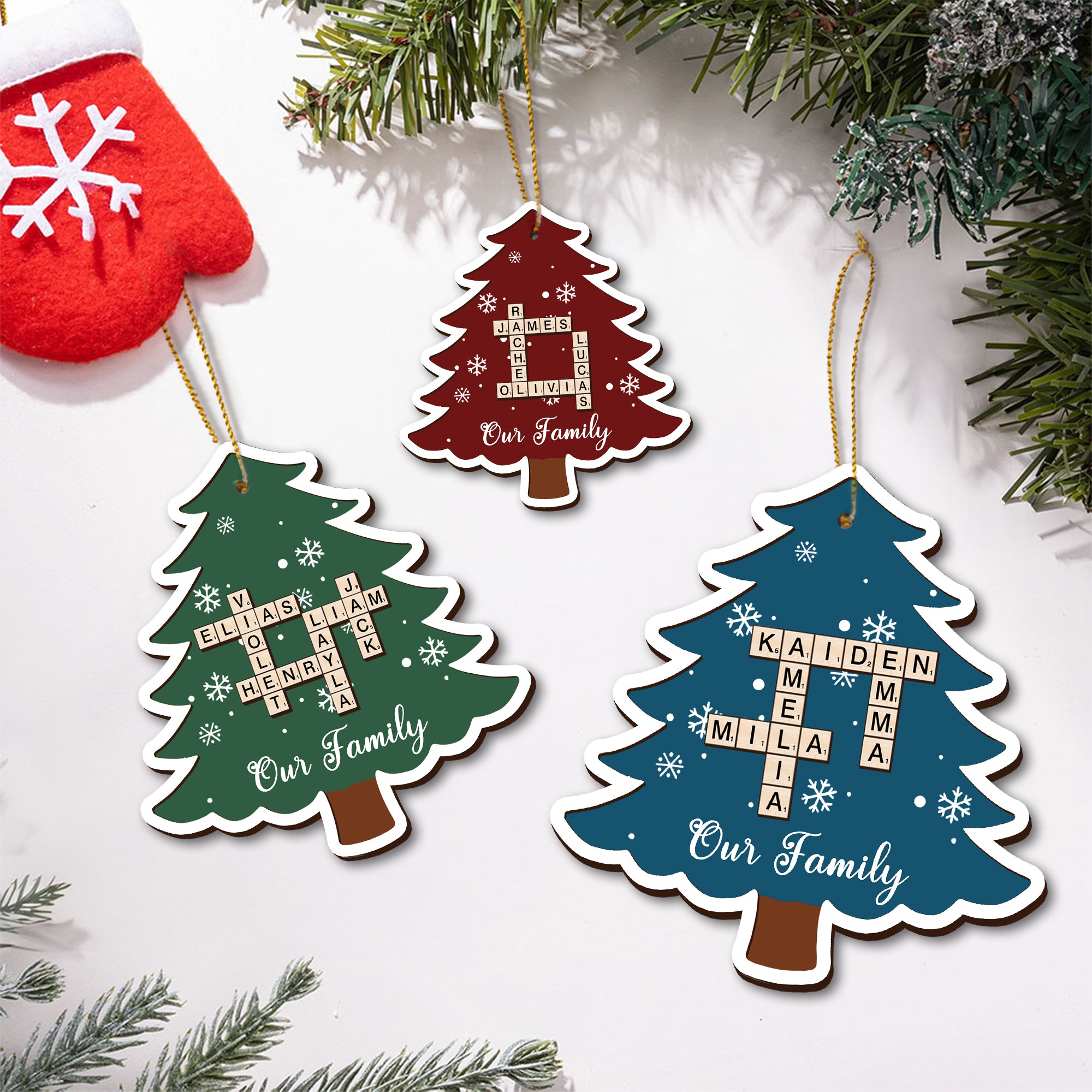 Árbol de Navidad personalizado Copo de nieve Crucigrama Adorno navideño Decoración del árbol de casa Regalo de Navidad para la familia